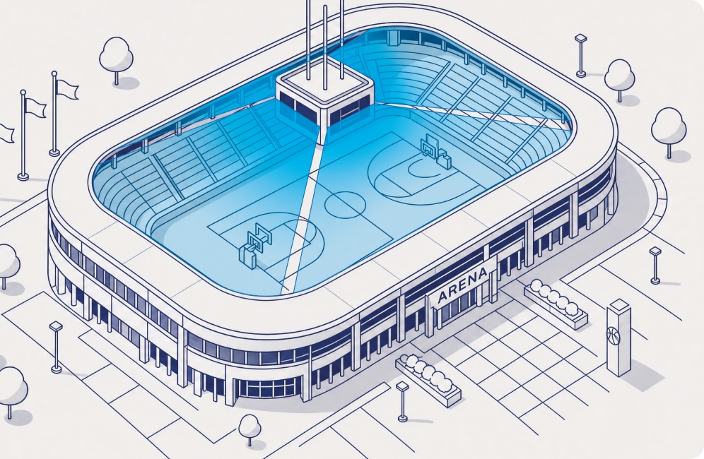 Arena covered by four directional CASTERs from a centre cube