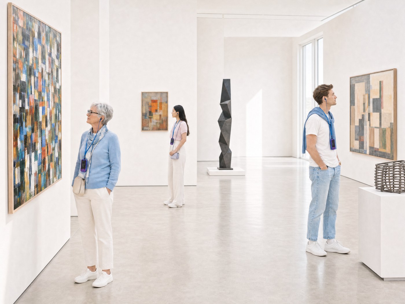 Visitors listening to an audio guide