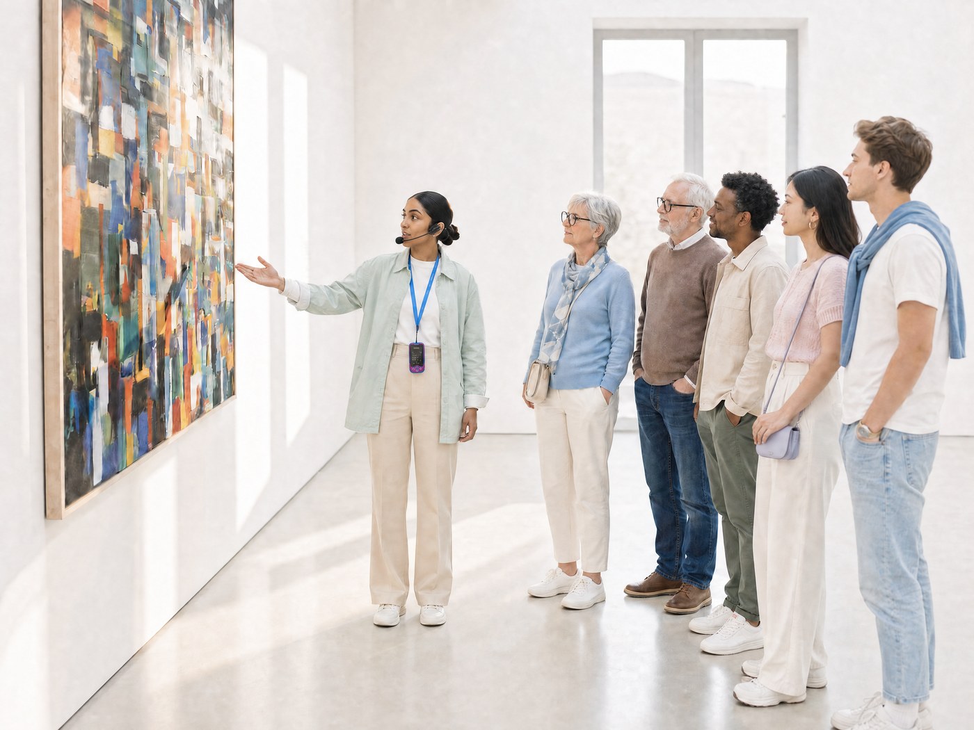 Guide leading a group through a gallery