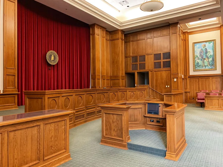 A wood-panelled courtroom